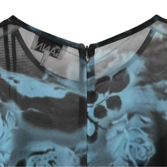 GANNI Printed Ruched Mesh Blue & Black Lined Fitted Long Sleeve Maxi Dress sz 36 - Picture 9 of 13